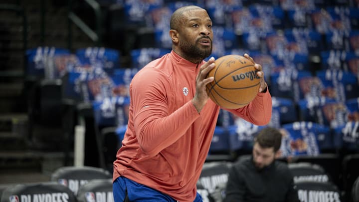 May 3, 2024; Dallas, Texas, USA; LA Clippers forward P.J. Tucker (17) warms up before the game between the Dallas Mavericks and the LA Clippers in game six of the first round for the 2024 NBA playoffs at American Airlines Center. Mandatory Credit: Jerome Miron-Imagn Images