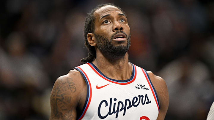 Mar 21, 2026; Dallas, Texas, USA; LA Clippers forward Kawhi Leonard (2) looks on during the second half against the Dallas Mavericks at the American Airlines Center. Mandatory Credit: Jerome Miron-Imagn Images