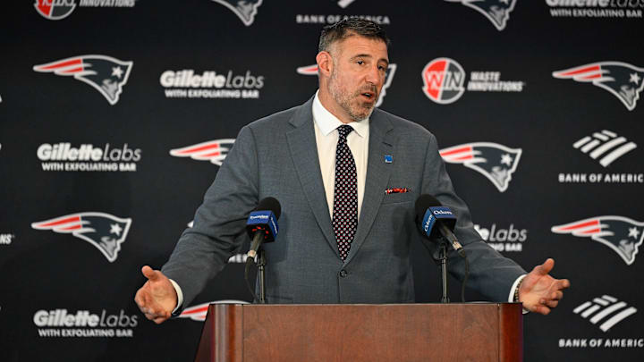 Jan 13, 2025; Foxborough, MA, USA; Mike Vrabel addresses media at a press conference to announce his hiring as the head coach of the New England Patriots at Gillette Stadium.
