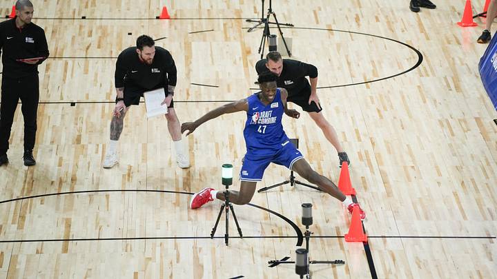 May 12, 2026; Chicago, IL, USA; AJ Dybantsa participates in the 2026 NBA Draft Combine at Wintrust Arena. Mandatory Credit: David Banks-Imagn Images