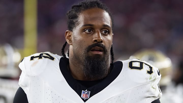 Aug 10, 2024; Glendale, Arizona, USA; New Orleans Saints defensive end Cameron Jordan (94) against the Arizona Cardinals during a preseason NFL game at State Farm Stadium. Mandatory Credit: Mark J. Rebilas-Imagn Images