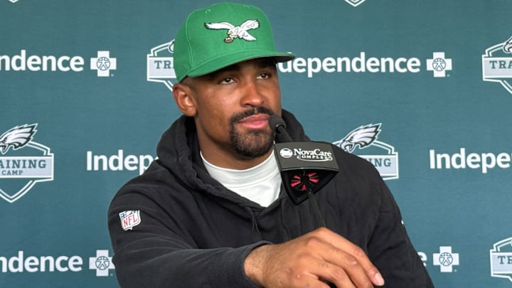 Eagles quarterback Jalen Hurts met with reporters after Wednesday's first of two practices against the Cleveland Browns. Eagles quarterback Jalen Hurts met with reporters after Wednesday's first of two practices against the Cleveland Browns.