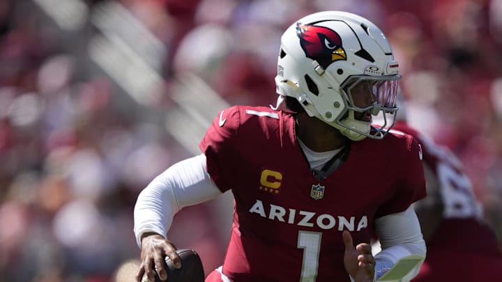 Sep 21, 2025; Santa Clara, California, USA; Arizona Cardinals quarterback Kyler Murray (1) rolls out against the San Francisco 49ers during the first half at Levi's Stadium. Mandatory Credit: Kyle Terada-Imagn Images