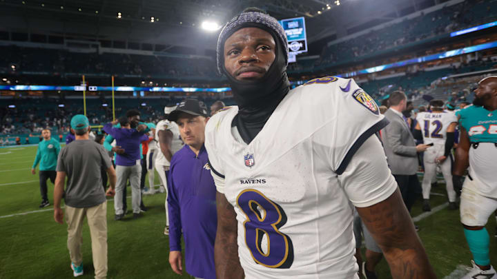 Oct 30, 2025; Miami Gardens, Florida, USA; Baltimore Ravens quarterback Lamar Jackson (8) walks off the field after a win over Miami Dolphins at Hard Rock Stadium. Mandatory Credit: Sam Navarro-Imagn Images