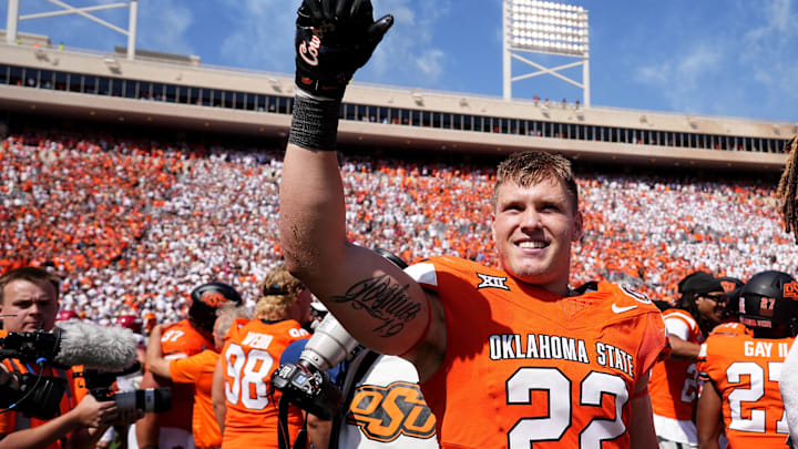 Oklahoma State's Jeff Roberson (22) celebrates following the college football game between the Oklahoma State Cowboys and the Arkansas Razorbacks at Boone Pickens Stadium in Stillwater, Okla.,, Saturday, Sept., 7, 2024.