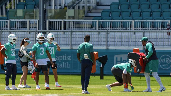Miami Dolphins cornerback Chris Johnson (3) watches a workout drill during rookie minicamp at Baptist Health Training Complex. Miami Dolphins cornerback Chris Johnson (3) watches a workout drill during rookie minicamp at Baptist Health Training Complex.