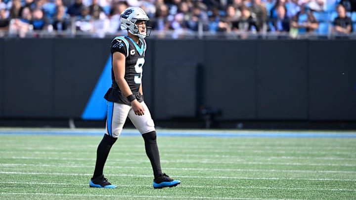 Nov 3, 2024; Charlotte, North Carolina, USA; Carolina Panthers quarterback Bryce Young (9) on the field in the second qarter at Bank of America Stadium. Mandatory Credit: Bob Donnan-Imagn Images