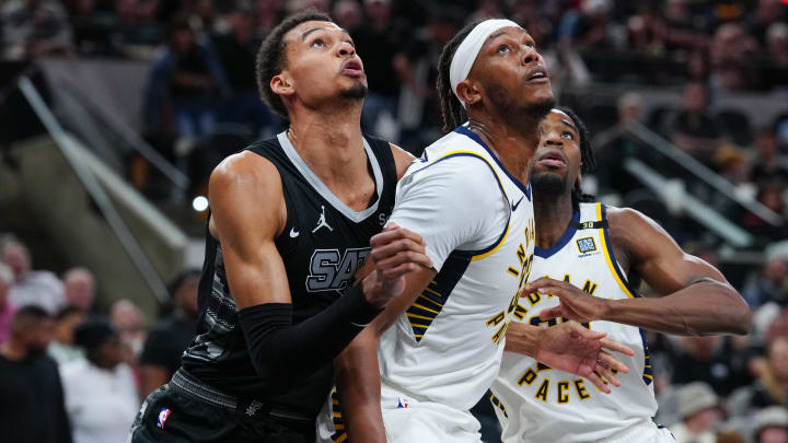 Mar 3, 2024; San Antonio, Texas, USA; San Antonio Spurs center Victor Wembanyama (1) and Indiana Mar 3, 2024; San Antonio, Texas, USA; San Antonio Spurs center Victor Wembanyama (1) and Indiana