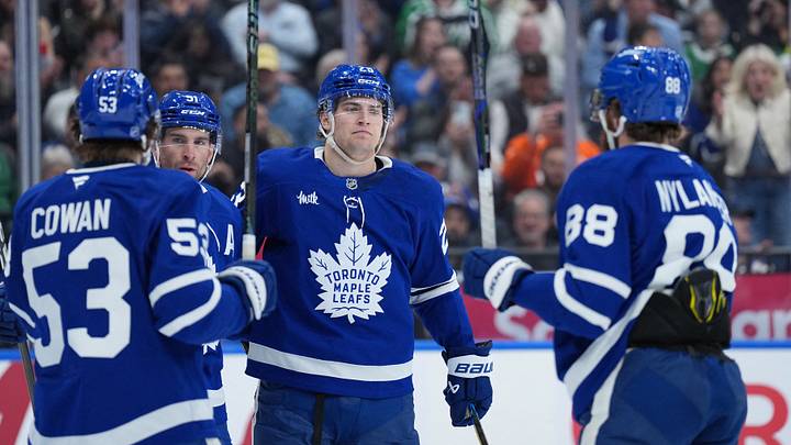 Apr 13, 2026; Toronto, Ontario, CAN; Toronto Maple Leafs center John Tavares (91) scores a goal and celebrates with left wing Matthew Knies (23) against the Dallas Stars during the first period at Scotiabank Arena. Mandatory Credit: Nick Turchiaro-Imagn Images