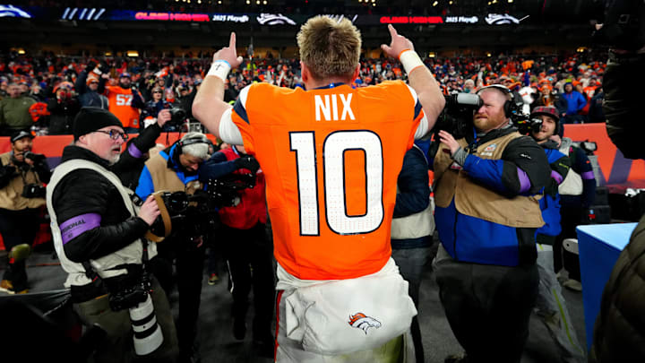 Jan 17, 2026; Denver, CO, USA; Denver Broncos quarterback Bo Nix (10) celebrates after winning an AFC Divisional Round playoff game against the Buffalo Bills at Empower Field at Mile High. 