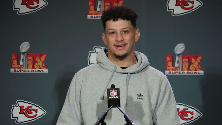 Feb 5, 2025; New Orleans, LA, USA;  Kansas City Chiefs quarterback Patrick Mahomes (15) speaks in a press conference ahead of Super Bowl LIX at New Orleans Marriott. Mandatory Credit: Kirby Lee-Imagn Images
