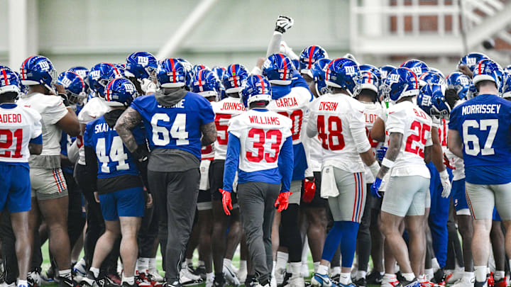 New York Giants huddle during minicamp at Quest Diagnostics Training Center. New York Giants huddle during minicamp at Quest Diagnostics Training Center.