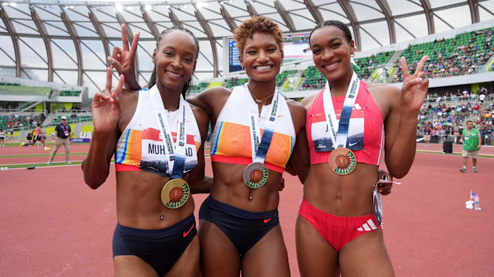 Aug 3, 2025; Eugene, OR, USA; Women's 400m hurdles medalists (from left) Dalilah Muhammad (gold), Anna Cockrell (silver) and Jasmine Jones (bronze) pose during the USATF Championships at Hayward Field. Mandatory Credit: Kirby Lee-Imagn Images