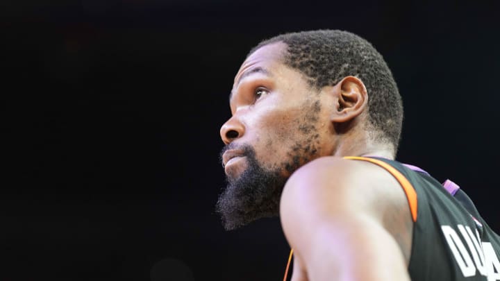 Apr 26, 2024; Phoenix, Arizona, USA; Phoenix Suns forward Kevin Durant (35) looks on against the Minnesota Timberwolves during the second half of game three of the first round for the 2024 NBA playoffs at Footprint Center. Mandatory Credit: Joe Camporeale-USA TODAY Sports