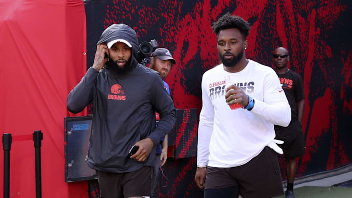 Aug 23, 2019; Tampa, FL, USA; Cleveland Browns wide receiver Odell Beckham (left) and wide receiver