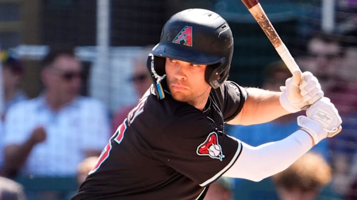 Arizona Diamondbacks Jack Hurley bats against the Athletics in the third inning during a spring training game at Salt River Fields in Scottsdale on March 20, 2025.
