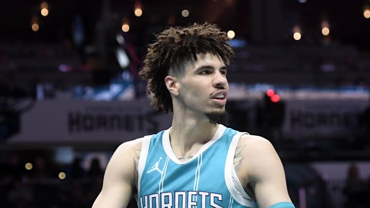 Mar 25, 2025; Charlotte, North Carolina, USA;  Charlotte Hornets guard LaMelo Ball (1) looks around after being called for a foul during the second half against the Orlando Magic at the Spectrum Center. Mandatory Credit: Sam Sharpe-Imagn Images