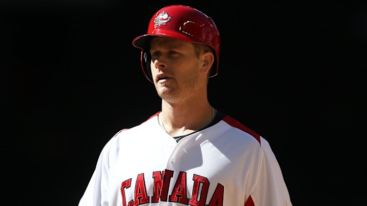 Mar. 10, 2013; Phoenix, AZ, USA: Canada infielder Justin Morneau against USA during the World Baseball Classic at Chase Field. USA defeated Canada 9-4 to advance to the next round. Mandatory Credit: Mark J. Rebilas-Imagn Images