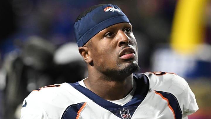 Defensive tackle Jonathan Harris warms up before a Denver Broncos game against the Buffalo Bills at Highmark Stadium in 2023.