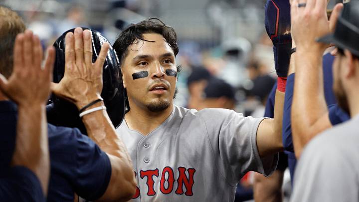 Aug 24, 2026; Miami, Florida, USA; Boston Red Sox second baseman Anthony Seigler (48) celebrates in the dugout after scoring against the Miami Marlins during the ninth inning at loanDepot Park. Mandatory Credit: Rhona Wise-Imagn Images Aug 24, 2026; Miami, Florida, USA; Boston Red Sox second baseman Anthony Seigler (48) celebrates in the dugout after scoring against the Miami Marlins during the ninth inning at loanDepot Park. Mandatory Credit: Rhona Wise-Imagn Images