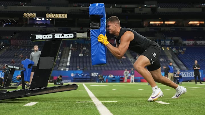 Feb 28, 2025; Indianapolis, IN, USA; LSU tight end Mason Taylor (TE20) participates in drills during the 2025 NFL Combine at Lucas Oil Stadium. Mandatory Credit: Kirby Lee-Imagn Images