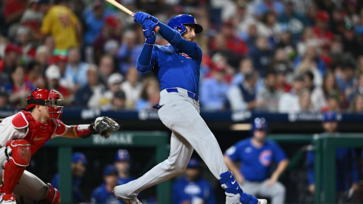 Sep 25, 2024; Philadelphia, Pennsylvania, USA; Chicago Cubs infielder Cody Bellinger (24) hits an RBI single against the Philadelphia Phillies in the fifth inning at Citizens Bank Park. Mandatory Credit: Kyle Ross-Imagn Images Sep 25, 2024; Philadelphia, Pennsylvania, USA; Chicago Cubs infielder Cody Bellinger (24) hits an RBI single against the Philadelphia Phillies in the fifth inning at Citizens Bank Park. Mandatory Credit: Kyle Ross-Imagn Images