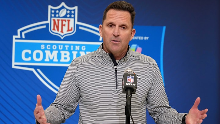 Feb 25, 2025; Indianapolis, IN, USA; Denver Broncos general manager George Paton speaks during the NFL Scouting Combine at the Indiana Convention Center. Feb 25, 2025; Indianapolis, IN, USA; Denver Broncos general manager George Paton speaks during the NFL Scouting Combine at the Indiana Convention Center.