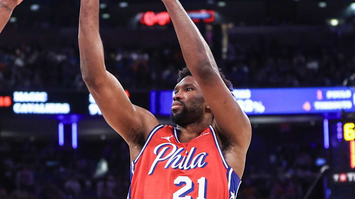 Apr 20, 2024; New York, New York, USA; Philadelphia 76ers center Joel Embiid (21) takes a jump shot