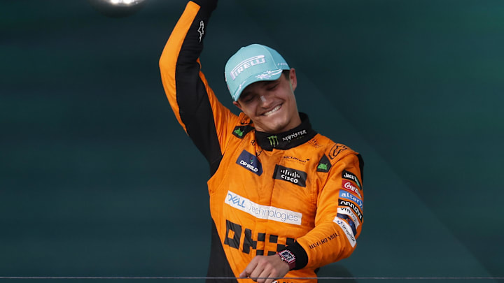 May 5, 2024; Miami Gardens, Florida, USA; McLaren driver Lando Norris (4) reacts after winning the Miami Grand Prix at Miami International Autodrome. Mandatory Credit: Peter Casey-USA TODAY Sports May 5, 2024; Miami Gardens, Florida, USA; McLaren driver Lando Norris (4) reacts after winning the Miami Grand Prix at Miami International Autodrome. Mandatory Credit: Peter Casey-USA TODAY Sports