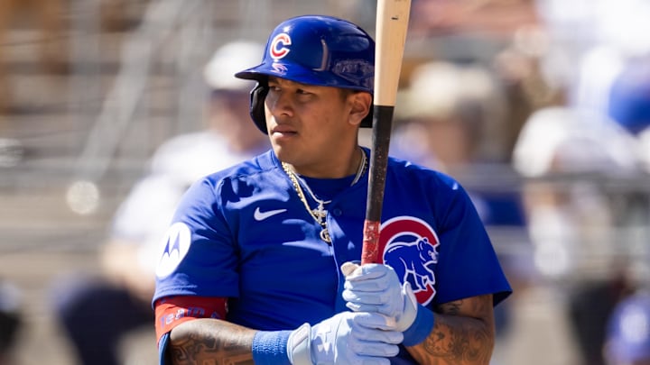 Chicago Cubs designated hitter Moises Ballesteros against the Los Angeles Dodgers during a spring training game at Camelback Ranch-Glendale. 