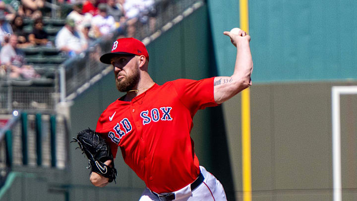 Boston Red Sox pitcher Garrett Crochet (35) pitching in the first inning of their game against the Toronto Blue Jays at JetBlue Park at Fenway South on Feb. 23. Boston Red Sox pitcher Garrett Crochet (35) pitching in the first inning of their game against the Toronto Blue Jays at JetBlue Park at Fenway South on Feb. 23.