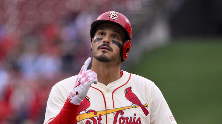 Mar 29, 2025; St. Louis, Missouri, USA;  St. Louis Cardinals third baseman Nolan Arenado (28) reacts after hitting a one run single against the Minnesota Twins during the first inning at Busch Stadium. Mandatory Credit: Jeff Curry-Imagn Images