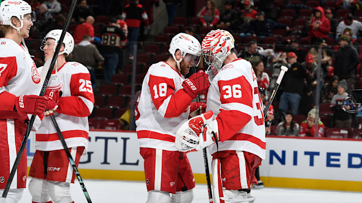 Andrew Copp (18) and John Gibson (36) celebrate after a Detroit Red Wings win.