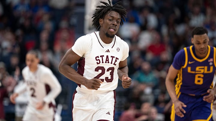 Mississippi State Bulldogs center Michael Nwoko (23) heads up court after a basket against the LSU Tigers during their first round game of the SEC Men's Basketball Tournament at Bridgestone Arena in Nashville, Tenn., Wednesday, March 12, 2025. Mississippi State Bulldogs center Michael Nwoko (23) heads up court after a basket against the LSU Tigers during their first round game of the SEC Men's Basketball Tournament at Bridgestone Arena in Nashville, Tenn., Wednesday, March 12, 2025.