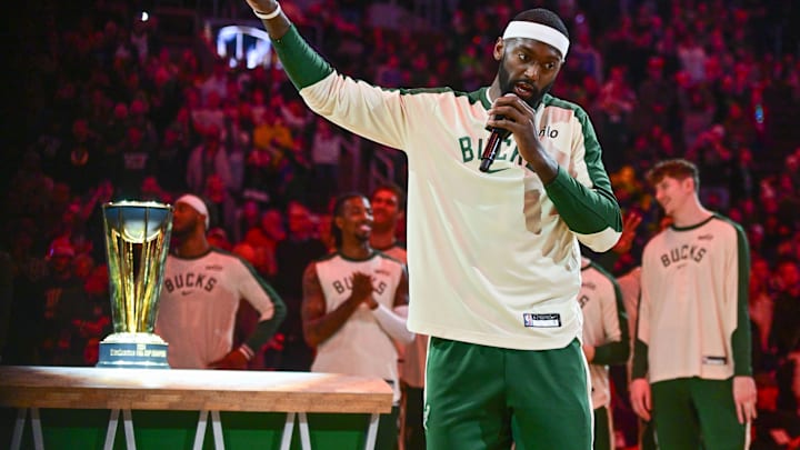Dec 21, 2024; Milwaukee, Wisconsin, USA;  Milwaukee Bucks forward Bobby Portis (9) speaks during a presentation of the NBA Cup before a game against the Washington Wizards at Fiserv Forum. Mandatory Credit: Benny Sieu-Imagn Images
