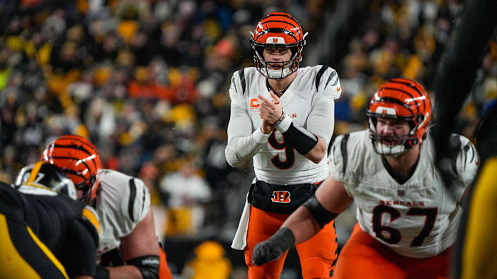 Bengals Joe Burrow (9) gets ready for a play during their game against the Steelers at Acrisure Stadium on Saturday January 4, 2025. The Bengals won the game with a final score of 19-17.