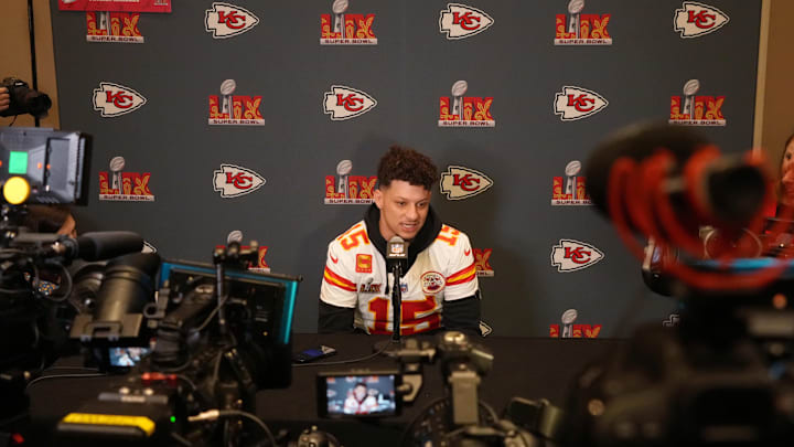 Kansas City Chiefs quarterback Patrick Mahomes faces the Super Bowl media Kansas City Chiefs quarterback Patrick Mahomes faces the Super Bowl media