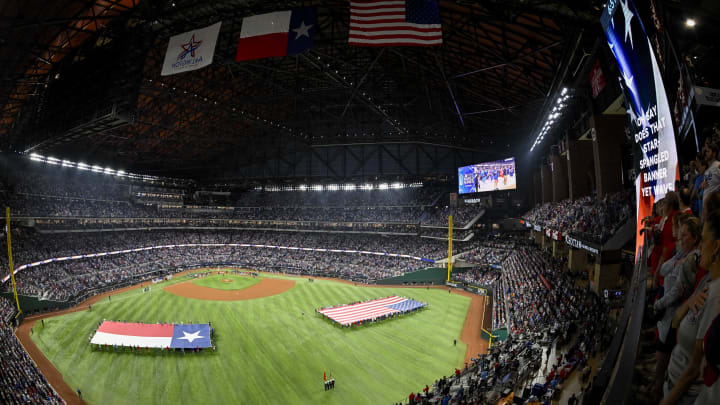 Oct 28, 2023; Arlington, Texas, USA; A view of the US flag and the Texas state flag during the playing of the national anthem Oct 28, 2023; Arlington, Texas, USA; A view of the US flag and the Texas state flag during the playing of the national anthem
