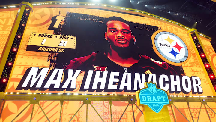 Apr 23, 2026; Pittsburgh, PA, USA; Arizona State Sun Devils offensive lineman Max Iheanachor is selected by the Pittsburgh Steelers as the number 21 pick during the 2026 NFL Draft at Acrisure Stadium. Mandatory Credit: Kirby Lee-Imagn Images