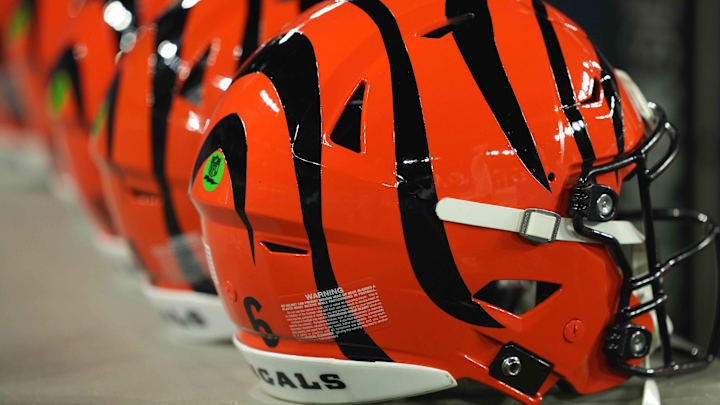 Nov 7, 2024; Baltimore, Maryland, USA; A general view of the Cincinnati Bengals helmets prior to the game against the Baltimore Ravens at M&T Bank Stadium. Mandatory Credit: Mitch Stringer-Imagn Images