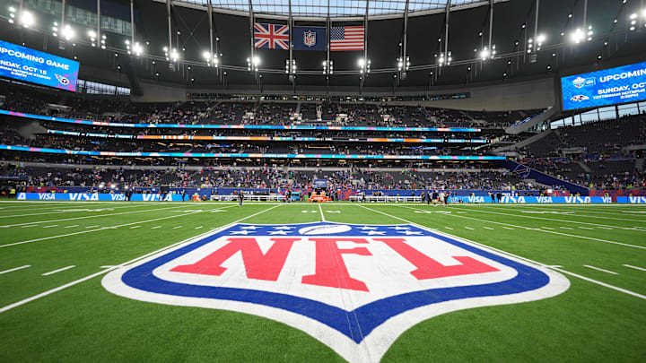 Oct 8, 2023; London United Kingdom, The NFL Shield logo at midfield at Tottenham Hotspur Stadium.