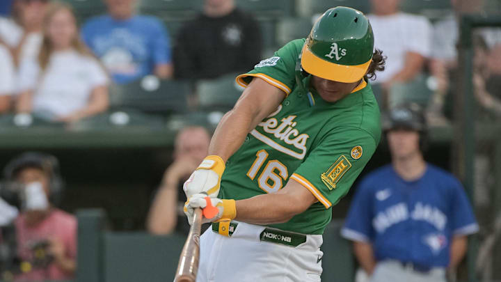 Jul 11, 2025; West Sacramento, California, USA; Athletics first baseman Nick Kurtz (16) hits an infield single during the first inning of the game against the Toronto Blue Jays at Sutter Health Park. Mandatory Credit: Ed Szczepanski-Imagn Images Jul 11, 2025; West Sacramento, California, USA; Athletics first baseman Nick Kurtz (16) hits an infield single during the first inning of the game against the Toronto Blue Jays at Sutter Health Park. Mandatory Credit: Ed Szczepanski-Imagn Images