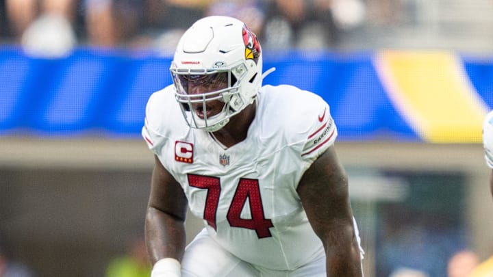 October 15, 2023; Inglewood, California, USA; Arizona Cardinals offensive tackle D.J. Humphries (74) during the first quarter against the Los Angeles Rams at SoFi Stadium. Mandatory Credit: Kyle Terada-Imagn Images