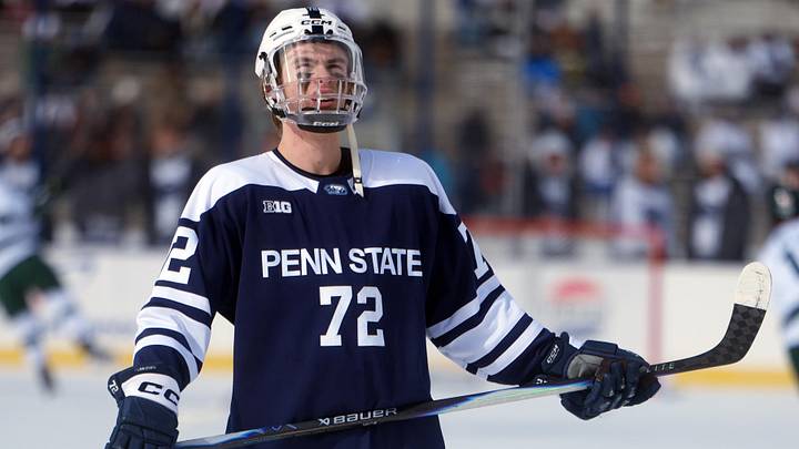 Jan 31, 2026; State College, PA, USA; Penn State Nittany Lions forward Gavin McKenna (72) before the game against the Michigan State Spartans at Beaver Stadium. Mandatory Credit: James Lang-Imagn Images