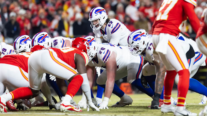 Jan 26, 2025; Kansas City, MO, USA; Buffalo Bills quarterback Josh Allen (17) against the Kansas City Chiefs during the AFC Championship game at GEHA Field at Arrowhead Stadium. Mandatory Credit: Mark J. Rebilas-Imagn Images Jan 26, 2025; Kansas City, MO, USA; Buffalo Bills quarterback Josh Allen (17) against the Kansas City Chiefs during the AFC Championship game at GEHA Field at Arrowhead Stadium. Mandatory Credit: Mark J. Rebilas-Imagn Images
