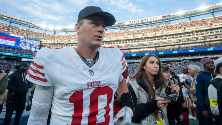 San Francisco 49ers quarterback Mac Jones (10) walks off the field after a week 9 game between New York Giants and San Francisco 49ers at MetLife Stadium on Sunday, Nov. 2, 2025.