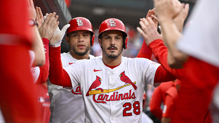 Jun 5, 2025; St. Louis, Missouri, USA; St. Louis Cardinals third baseman Nolan Arenado (28) is congratulated by teammates after hitting a two run home run against the Kansas City Royals during the third inning at Busch Stadium. Mandatory Credit: Jeff Curry-Imagn Images Jun 5, 2025; St. Louis, Missouri, USA; St. Louis Cardinals third baseman Nolan Arenado (28) is congratulated by teammates after hitting a two run home run against the Kansas City Royals during the third inning at Busch Stadium. Mandatory Credit: Jeff Curry-Imagn Images