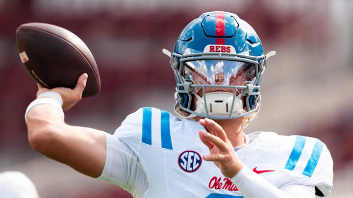 Ole Miss Rebels QB Jaxson Dart warming up prior to the game against the South Carolina Gamecocks. Ole Miss Rebels QB Jaxson Dart warming up prior to the game against the South Carolina Gamecocks.