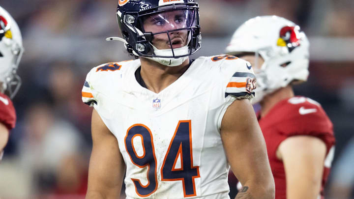 Nov 3, 2024; Glendale, Arizona, USA; Chicago Bears defensive end Austin Booker (94) against the Arizona Cardinals at State Farm Stadium. Mandatory Credit: Mark J. Rebilas-Imagn Images