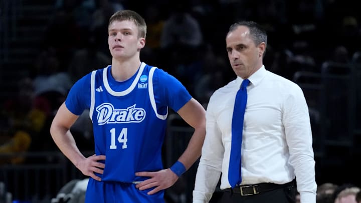 Mar 20, 2025; Wichita, KS, USA; Drake Bulldogs guard Bennett Stirtz (14) and head coach Ben McCollum in the first half of a first round men’s NCAA Tournament game against the Missouri Tigers at Intrust Bank Arena. Mandatory Credit: Kirby Lee-Imagn Images